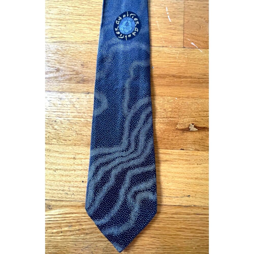 Vintage Jean Paul Gaultier 100% Silk Navy Embroidered Logo Tie Italy 57x4